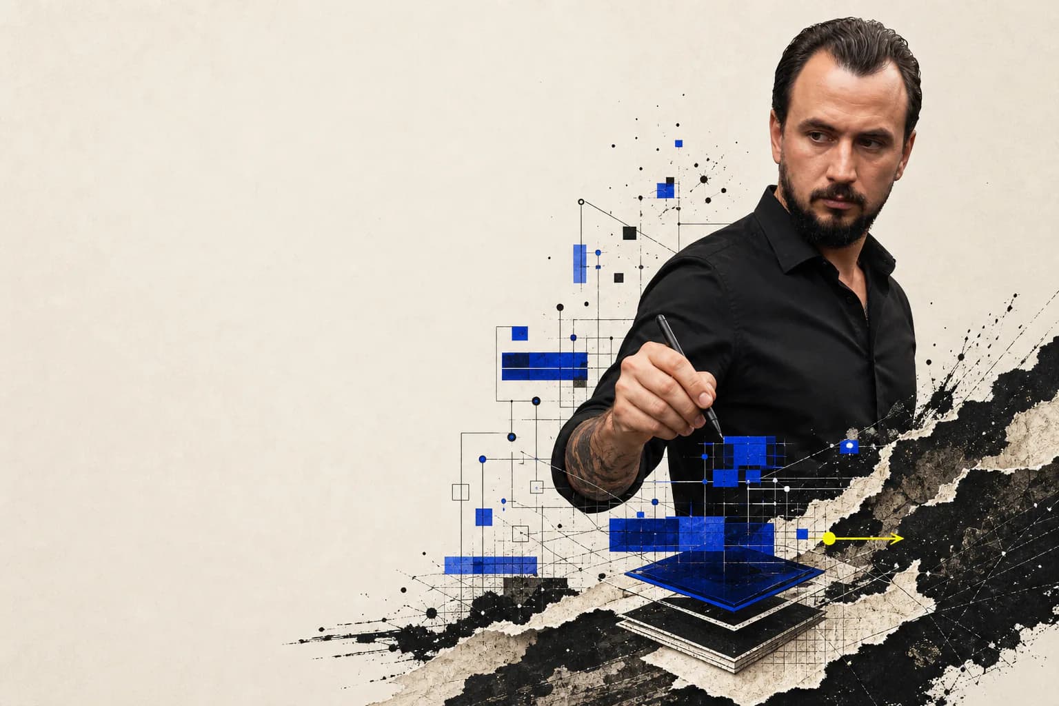 Yuri Queiroz em uma composição editorial de papel, tinta e módulos técnicos