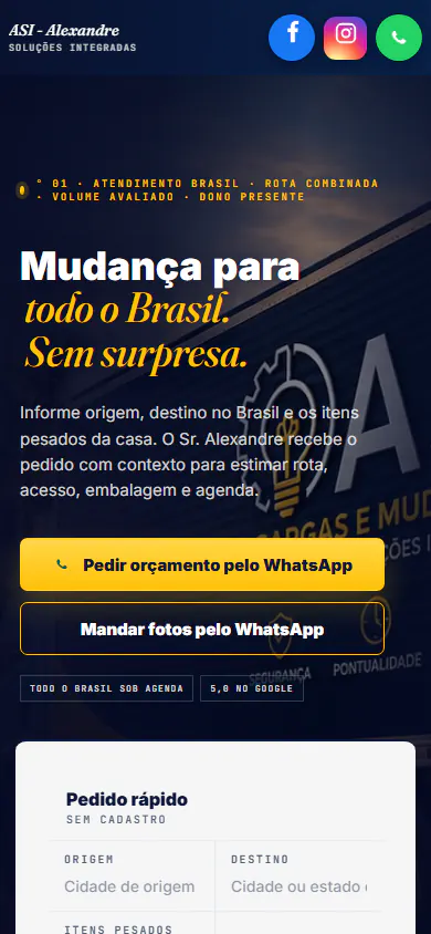 Página inicial da ASI Cargas e Mudanças com serviços e chamada para orçamento.
