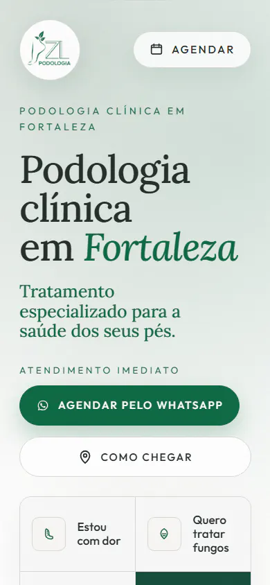 Página inicial da ZL Podologia com atendimento clínico e agendamento em destaque.