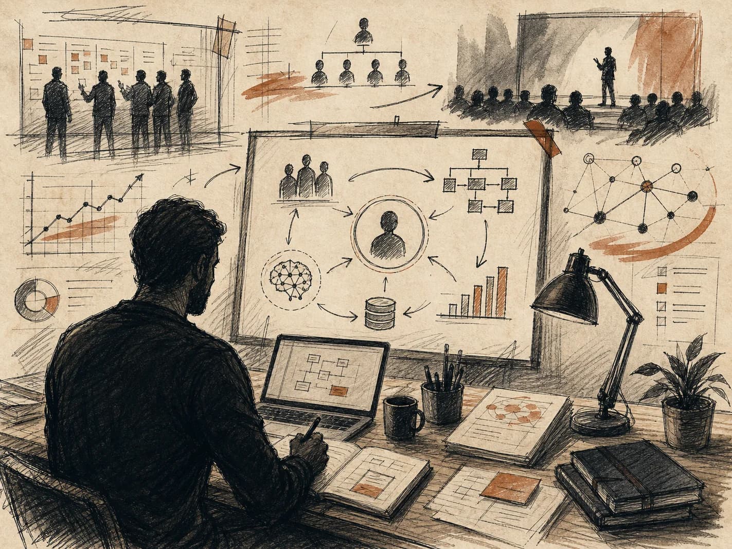 Arte em traço editorial de builder independente com produtos, consultoria e agentes