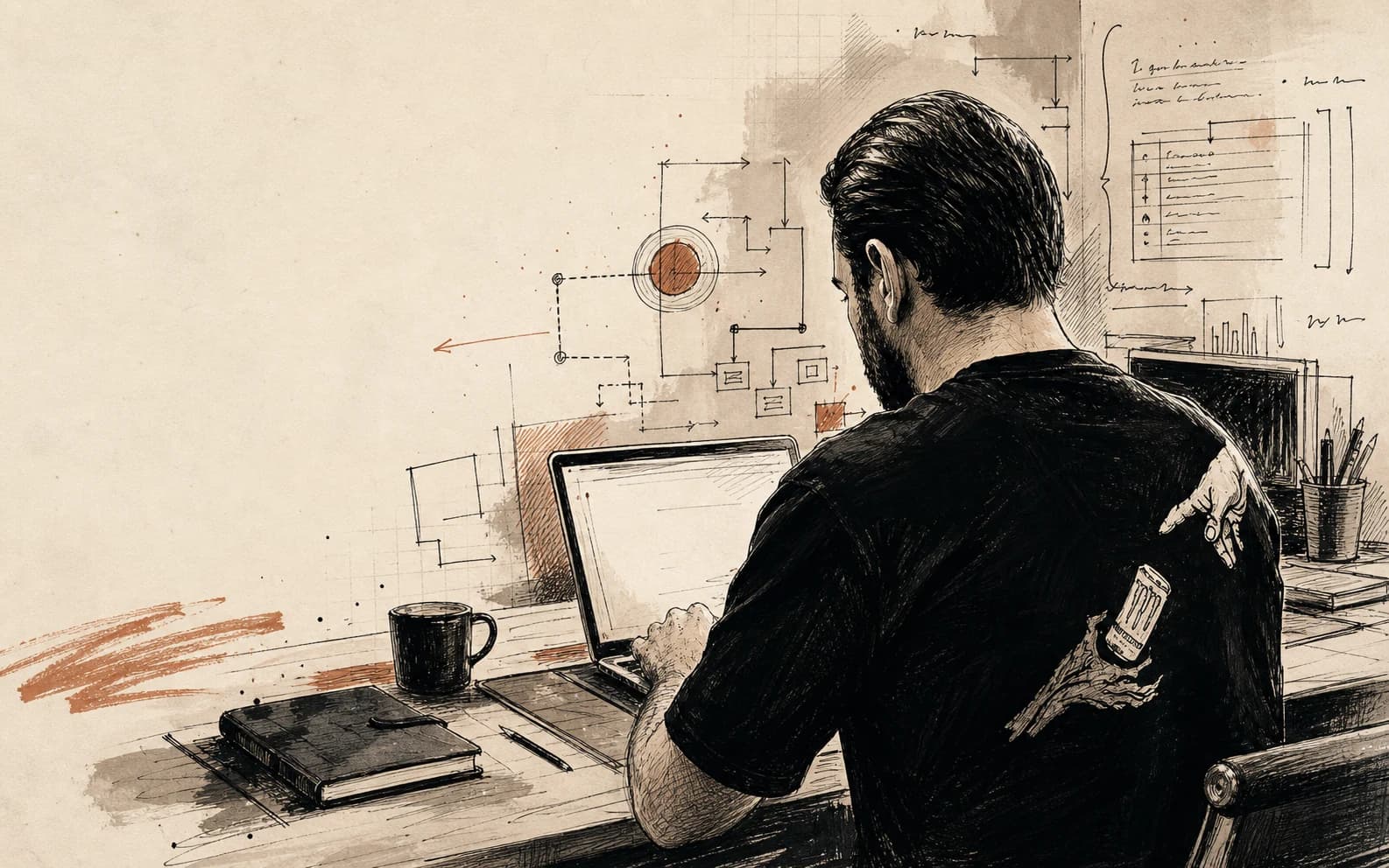 Ilustração em traço editorial de Yuri Queiroz de costas, trabalhando em um laptop com anotações de processo ao redor