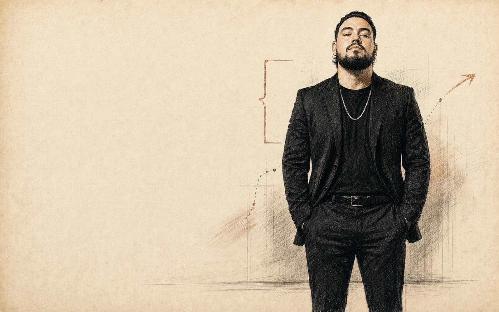 Ilustração em traço editorial de Yuri Queiroz em postura frontal, com blazer preto e presença executiva