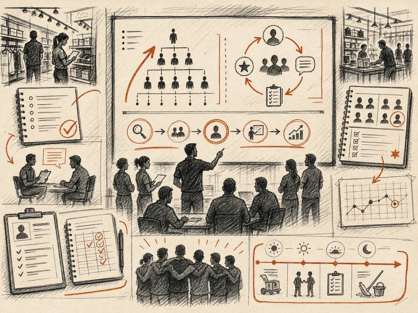 Arte em traço editorial de liderança, formação de time, seleção, feedback e rotina operacional