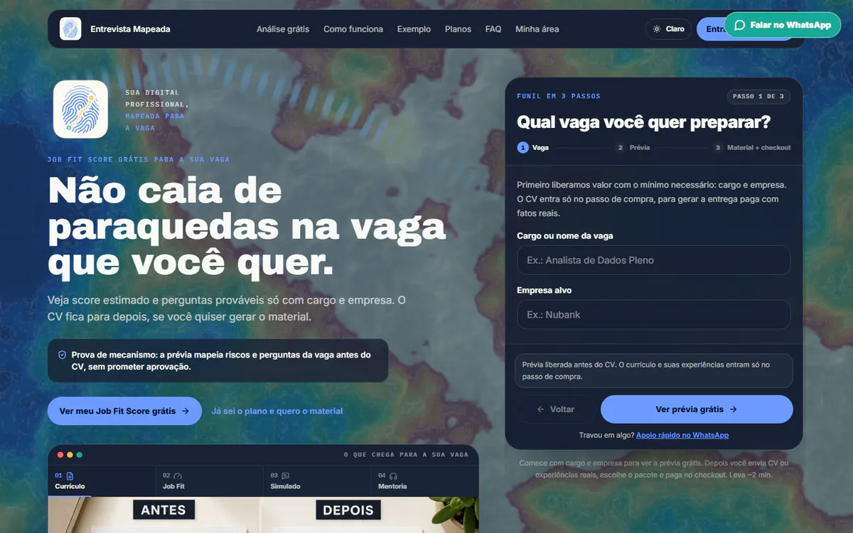Página inicial da Entrevista Mapeada, produto B2C de preparo de currículo e entrevista