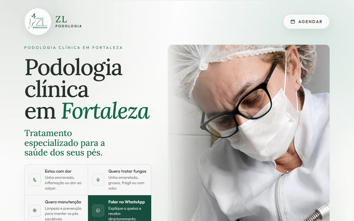 Página inicial da ZL Podologia com atendimento clínico e agendamento em destaque