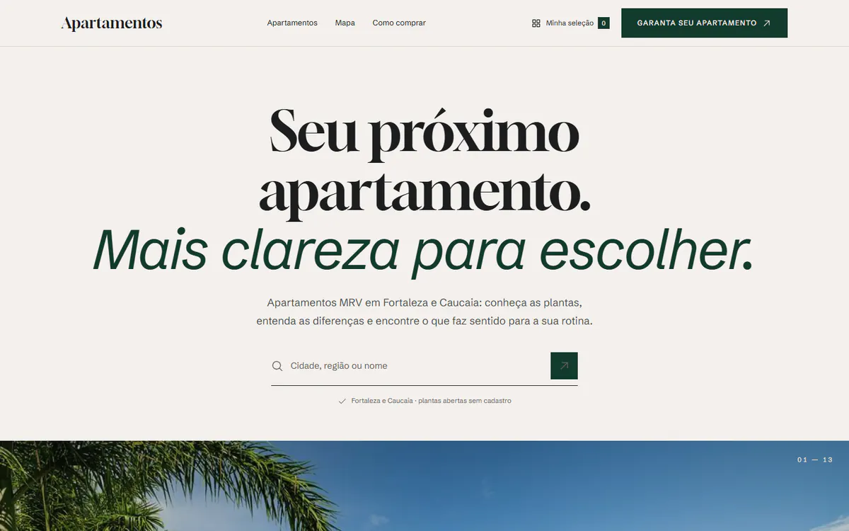 Página inicial do catálogo de apartamentos MRV em Fortaleza e Caucaia, com busca por cidade, região ou nome.