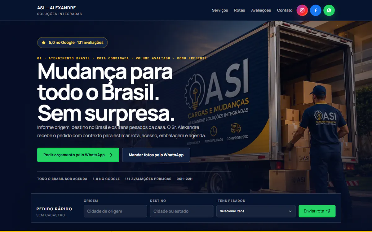 Página inicial da ASI Cargas e Mudanças com serviços e chamada para orçamento.
