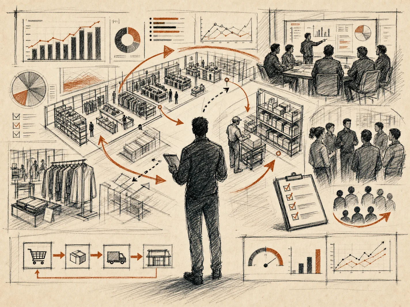 Arte em traço de loja completa, estoque e liderança operacional