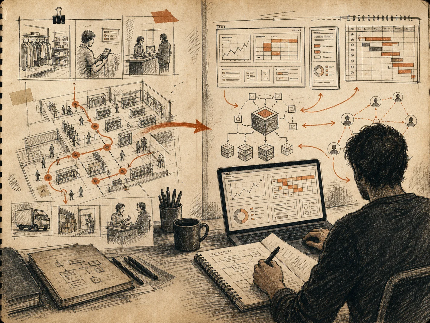 Arte em traço de mesa com laptop, dashboards e escala